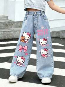 SANRIO Hello Kitty"Cute Series" Wide Leg Jeans - Y2K Kawaii Street Denim Pants, Children's Casual Pants, Sweet And Cool Street Style Fashionable Multi Functional, Skin Friendly Machine Washable Pants - 淺色水洗藍 - 查看 1