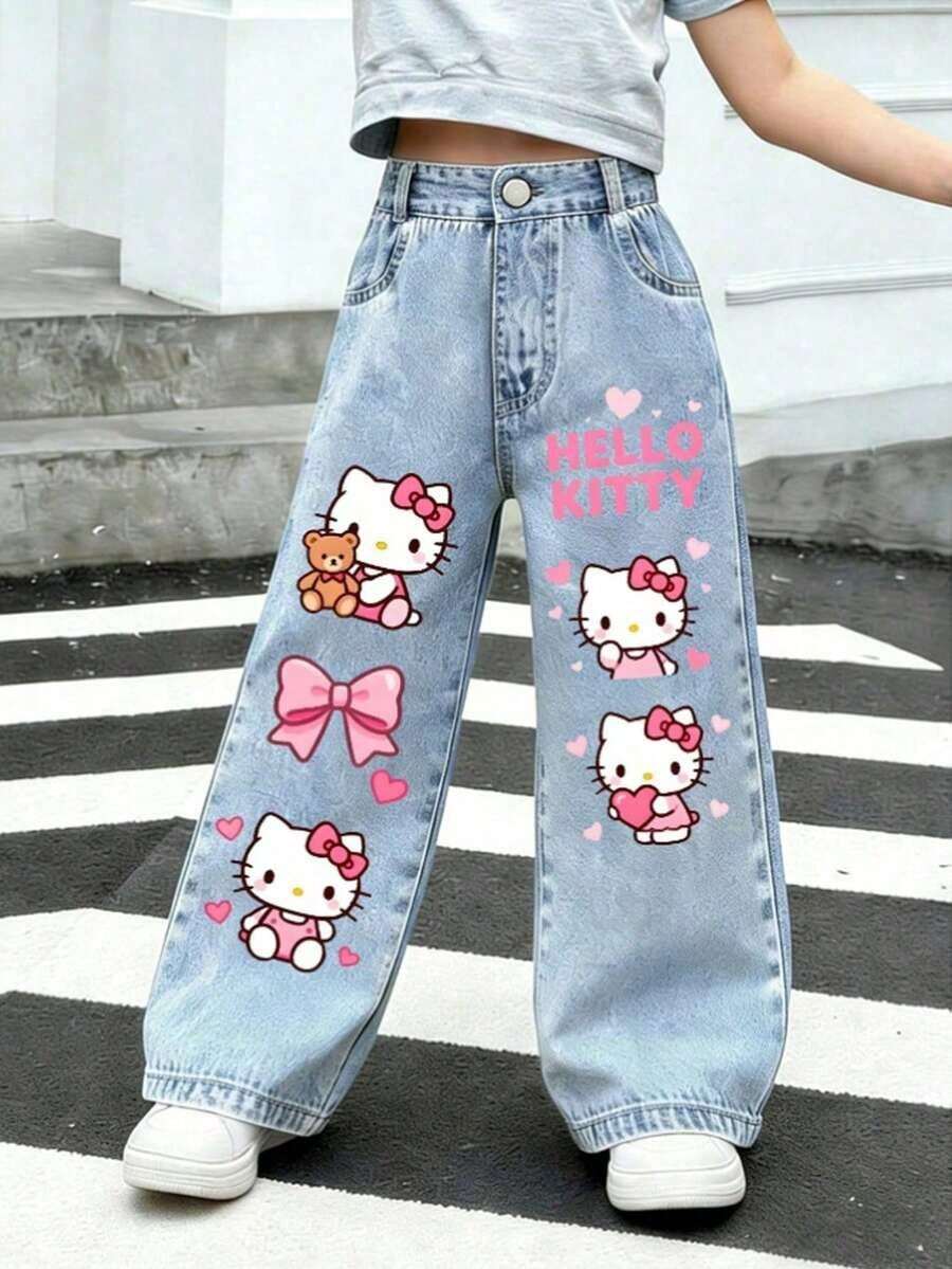 SANRIO Hello Kitty"Cute Series" Wide Leg Jeans - Y2K Kawaii Street Denim Pants, Children's Casual Pants, Sweet And Cool Street Style Fashionable Multi Functional, Skin Friendly Machine Washable Pants - 淺色水洗藍 - 查看 1