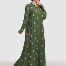 Women's Floral Print Long Sleeve Single-Breasted Casual Long Abaya Dress Modest - Verde - Ver 6