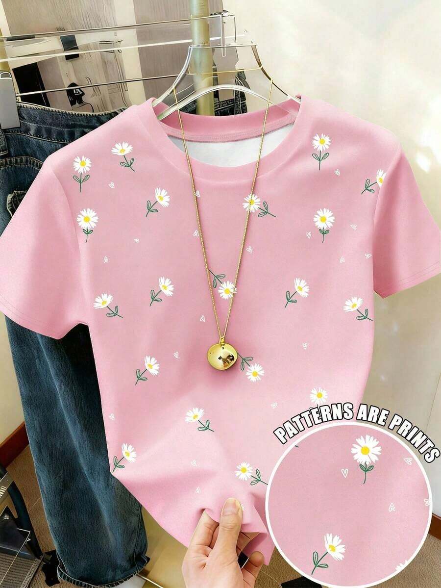 Camiseta casual versátil de mujer con cuello redondo y manga corta con estampado de margaritas - Multicolor 2 - Ver 1