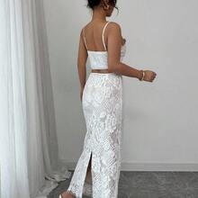 2pcs/Set Women Lace Solid Color Spaghetti Strap Lace Trim Patchwork Open Back Slit Holiday Party Elegant Glamourous Sexy Bohemian Style Vacation Summer Sleeveless Top & Skirt Set - Blanco - Ver 3
