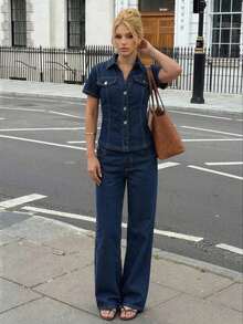 Conjunto de top vaquero de manga corta con botones delanteros y pantalones vaqueros de pierna ancha, casual y de uso diario para verano - Azul lavado oscuro - Ver 5