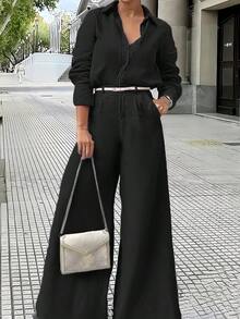 2 piezas Conjunto elegante de verano para mujer, conjunto casual de verano ajustado, incluye camisa tipo cárdigan y pantalones de pierna ancha con cintura elástica, adecuado para el Día de San Patricio y la primavera - Negro - Ver 2