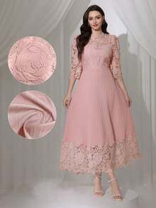 Vestido largo de manga larga con parches de bordado de ojal amarillo para mujeres - Rosa - Ver 3