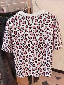 Camiseta de cuello redondo de manga corta para mujer con estampado digital de leopardo, un regalo para amigos - Blanco - Ver 2