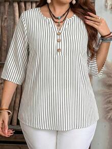 Camisa de mujer de estilo minimalista casual con microrayas azules, adecuada para primavera/verano, con vibra de resort - Multicolor 5 - Ver 6