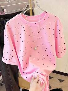 Camiseta de mujer de manga corta y cuello redondo, de estampado digital de lunares, de estilo minimalista y fashionable, 56% algodón, regalo para amigos - Rosa - Ver 1