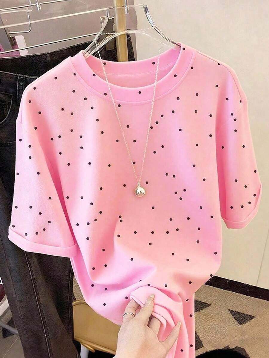Camiseta de mujer de manga corta y cuello redondo, de estampado digital de lunares, de estilo minimalista y fashionable, 56% algodón, regalo para amigos - Rosa - Ver 1