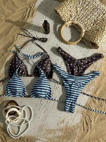 Conjunto de traje de baño de 4 piezas con cuentas marrón y a rayas, para primavera/verano 2026, conjunto de bikini de alta gama para resort de playa - Multicolor 10 - Ver 8