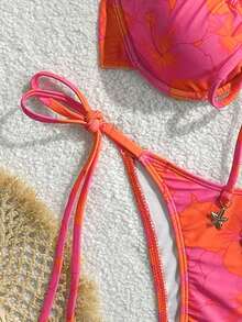 Conjunto de bikini para mujer con top de tirantes con aros y sujetador push-up con estampado digital y Bottom con lazos laterales, para primavera/verano - Naranja 2 - Ver 5