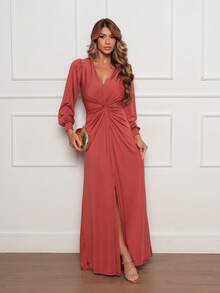 PAETE CLOTHING Elegant Long-Sleeved Party Dress For Bridesmaids And Weddings, V-Neck, Front Slit, Romantic Knit Fabric. - Đất nung - Xem 1