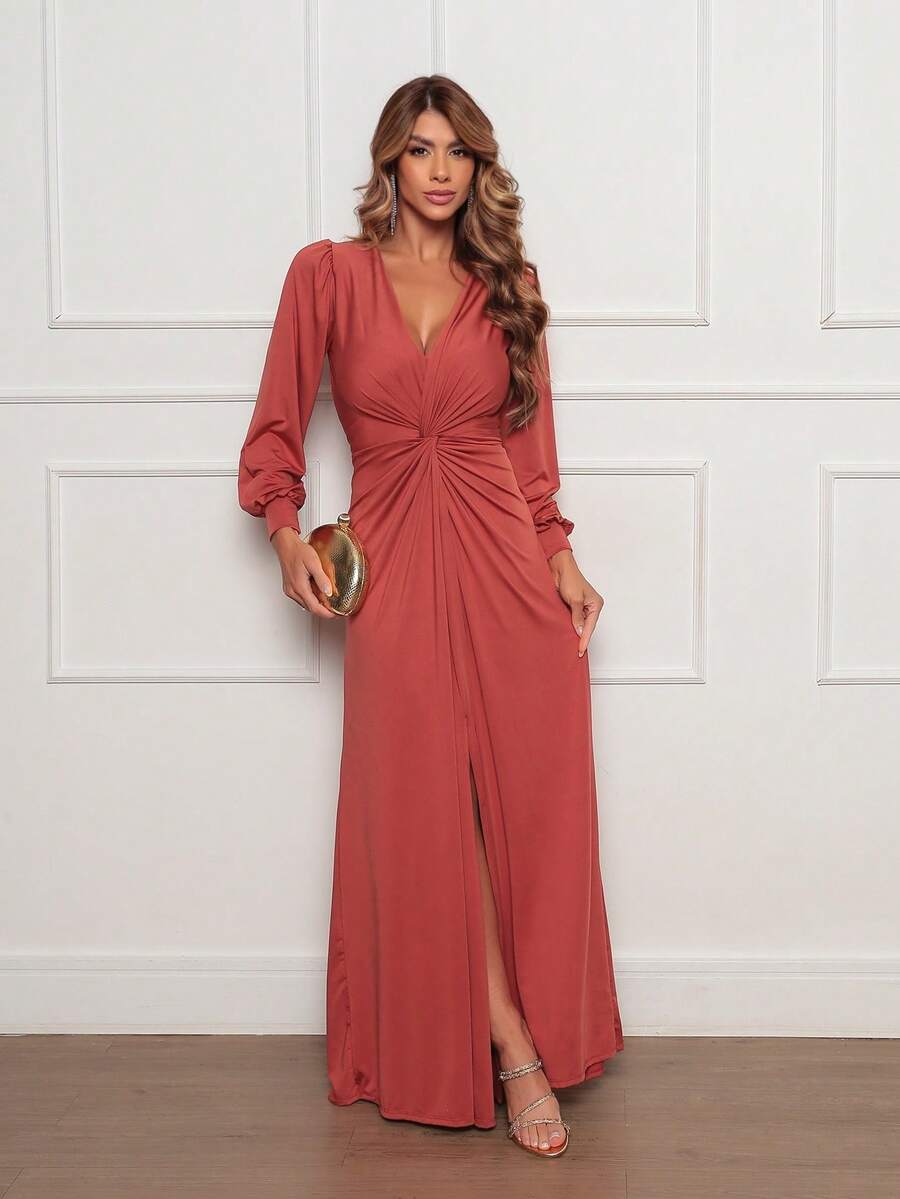 PAETE CLOTHING Elegant Long-Sleeved Party Dress For Bridesmaids And Weddings, V-Neck, Front Slit, Romantic Knit Fabric. - Đất nung - Xem 1
