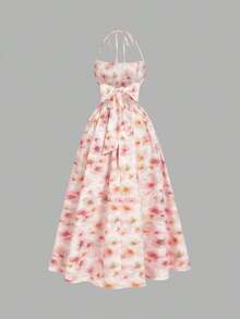 Vestido de mujer con estampado floral y cuello halter con lazo, de moda para citas y fiestas - Rosa Pálido - Ver 5
