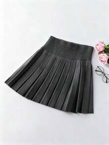 Falda corta plisada de punto de unicolor casual para mujer, adecuada para vacaciones, citas nocturnas, otoño/invierno y primavera - Marrón Mocha - Ver 9