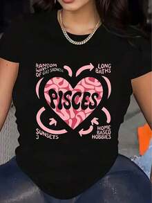 Camiseta con Estampado de Piscis - Top Casual de Manga Corta con Cuello Redondo para Mujer, Diseño de Corazón Rosa sobre Fondo Negro, Ideal para Primavera y Verano, Poliéster Ligero, Lavable a Máquina - Prenda Esencial de Verano Cómoda y Casual, Fácil de Combinar - Negro - Ver 7