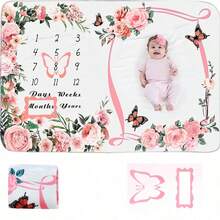 1pc Baby Monthly Milestone Blanket With Felt Frame, Infant Growth Record Photography Backdrop Blanket, Flannel Swaddle Wrap - Multicolor - View 16