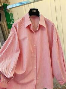 Women's Blue & White Striped Shirt, Loose Fit, Tie Back Design, Suitable For Commuting, Casual Wear, Beach, Vacation - Big Red - View 3