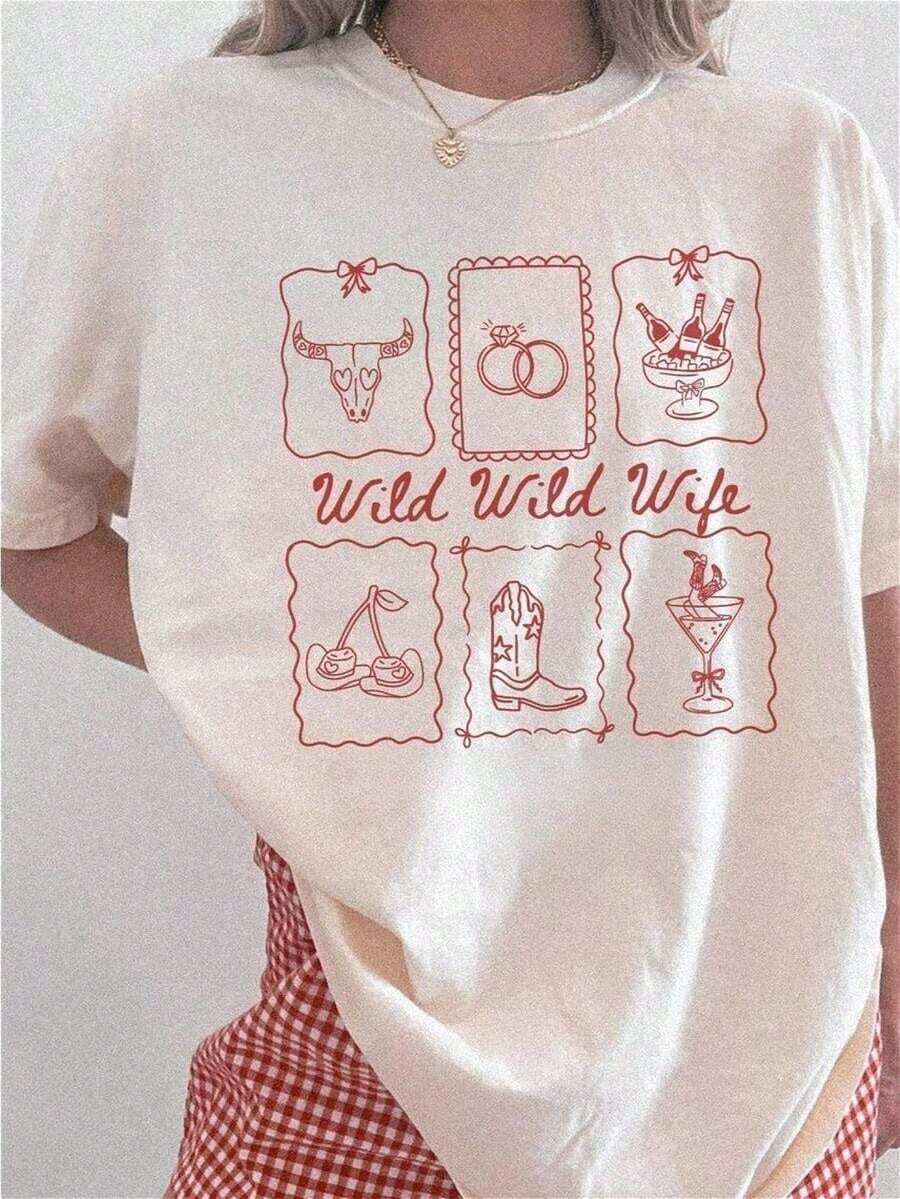 1 "Wild Wild Wife" Cowboy Style Bachelorette Party T-Shirt, Western Style Bridal Shower T-Shirt For Girls Weekend Trips To Texas, Austin, Nashville, Women's Casual Short Sleeve Crew Neck T-Shirt, 100% Soft 180g Cotton. - 白色 - 查看 1