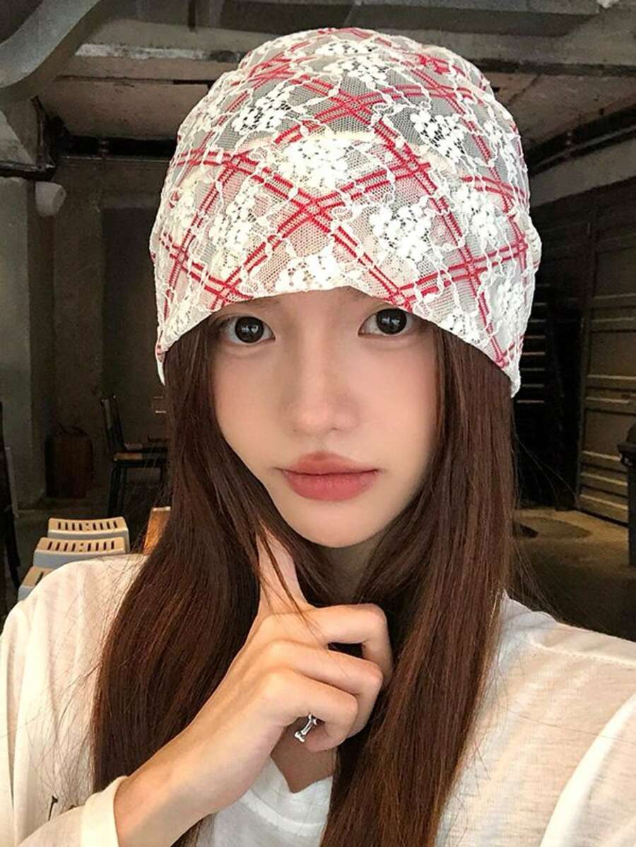 Y2K蕾丝格纹宽松针织帽，女士夏季轻薄透气透明无檐帽，甜美酷炫街头风帽子