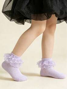 1 Pair Cotton Girls' Solid Color Mesh Socks With Double Lace, Dance Party Socks - Lilac Purple - View 2