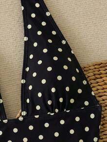 Traje de baño de dos piezas con estampado de lunares, escote asimétrico y espalda descubierta, atuendo de vacaciones en la playa para el verano - Negro - Ver 3