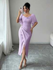 Vestido elegante ajustado con cuello de volantes, mangas de pétalos y hebilla metálica de bloque de color para mujer, primavera/verano - Morado - Ver 7