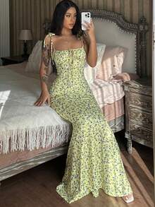 Modelo popular vestido largo mujer con estampado de flores pequeñas - Amarillo - Ver 4