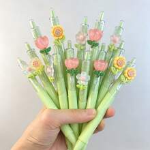 5支/套 随机花头按动式圆珠笔，书写流畅，中性笔型，适合学生、考试、办公、日常使用，高品质（黑色），花卉图案按动式圆珠笔，文具礼盒套装（花卉配件随机） - 綠色系筆 - 查看 4