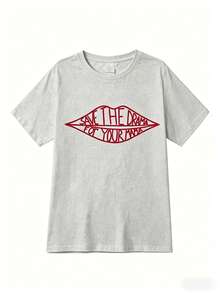 Women White Crew Neck T-Shirt Red Lips Letter Graphic "Save The Drama" Slogan Short Sleeve Casual Y2K Streetwear Cotton Tee - 灰色 - 查看 8