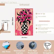 2D Wall Art Decor, Featuring Retro Poster Design With Surreal Pink Eyes And Floral Patterns; Another Piece Is A Minimalist Pink Checkered Vase Canvas Painting, Suitable For Bedroom And Living Room Decoration - G - View 14