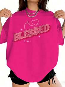 1 Piece Women's Plus Size Casual T-Shirt With Pink Heart Print - Round Neck, Fashionable Ladies Clothing, Lightweight And Breathable, Holiday Outfits For Women, Summer Outfits For Women, 180g 100% Cotton. - 黑色 - 查看 7