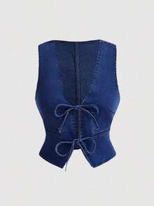 Chaleco vaquero ajustado de estilo casual de los años 70 con lazo delantero, azul, vintage - Azul lavado oscuro 2 - Ver 5