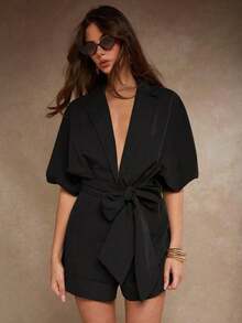 Mono de mujer de unicolor con cinturón de moda - Negro - Ver 7