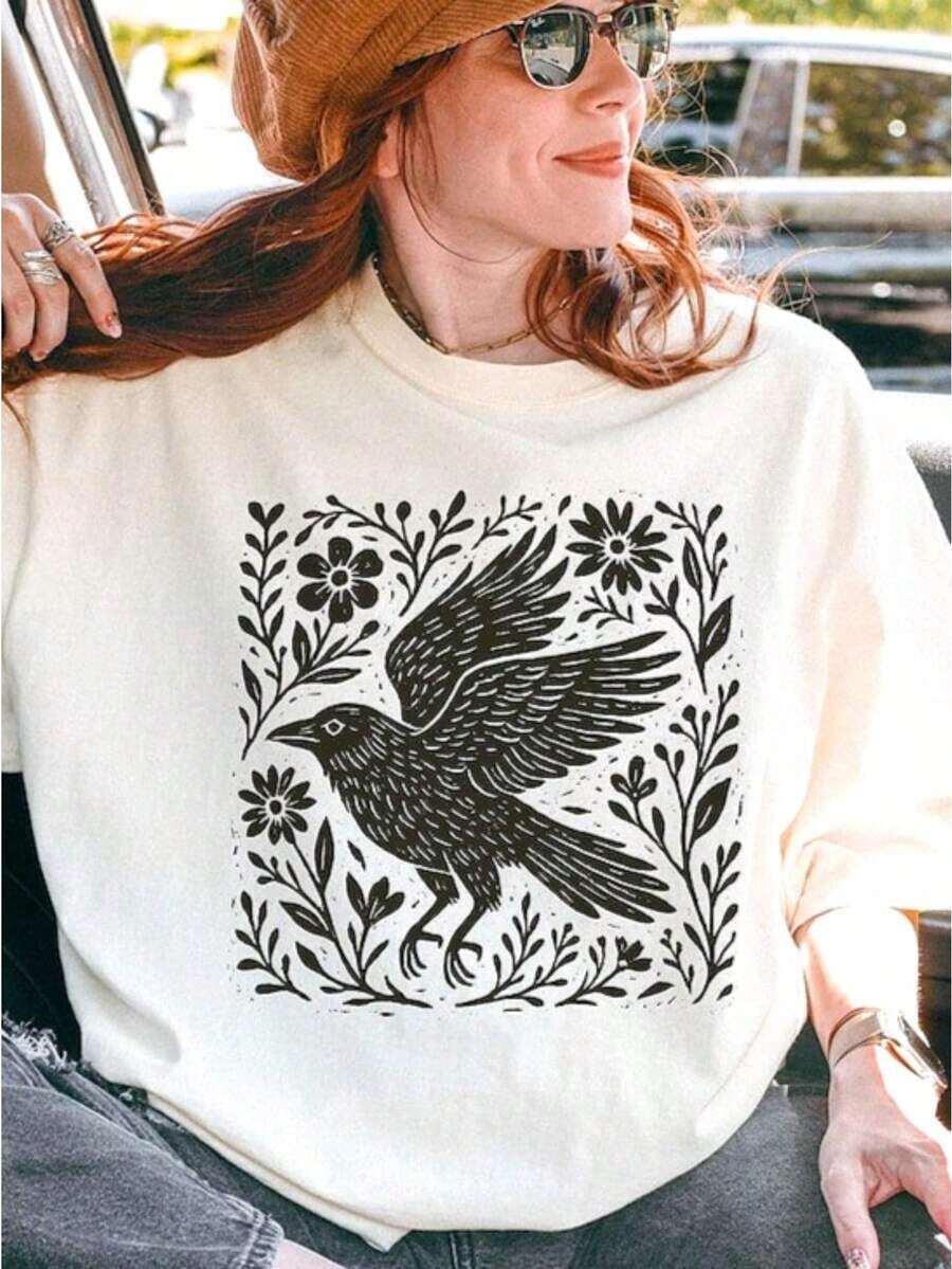 Camiseta con estampado de cuervo del bosque en lino, camiseta con linotipo de cuervo de arte popular, camiseta vintage de estilo forestcore, camiseta estética cottagecore goblincore de bruja, camisetas gráficas divertidas para hombres y mujeres, cuello redondo, camisetas casuales holgadas, adecuadas para primavera, verano y otoño. - Blanco - Ver 1