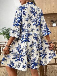 LUNE Women's Summer Dress With White Base And Blue Leaf Print, High Neck And 3/4 Skater Sleeve - 藍色 - 查看 2