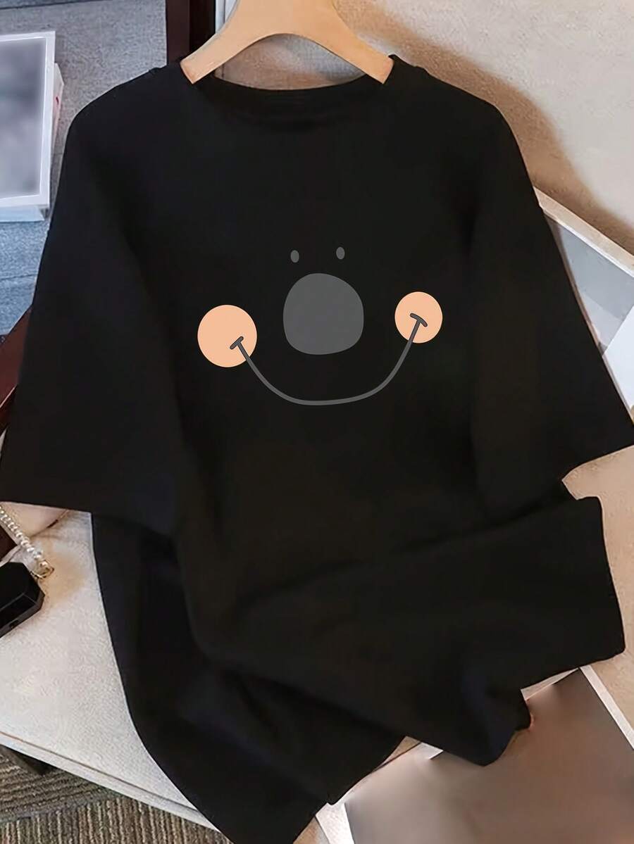Women's Minimalist Casual Summer T-Shirt, Pure Cotton, Loose Round Neck, Versatile Women's Clothing, Comfortable Casual T-Shirt For Young Girls, Fashionable Short Sleeve Tops For Everyday Wear - 黑色 - 查看 1
