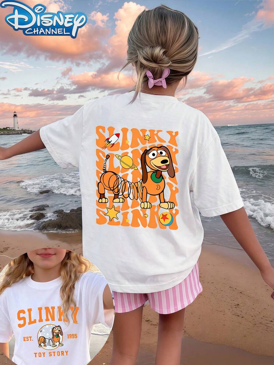Disney 1pc Teen Girls Toy Story Slinky Dog Front And Back Print Short Sleeve Casual T Shirt Tops For Teen Girls Clothes For Teen Girls Teen Clothes Summer - trắng - Xem 1