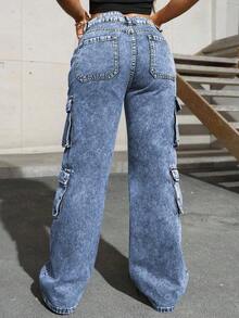 Jeans de mezclilla con bolsillo con solapa y cargo lateral, de estilo sencillo y elegante para uso diario y casual en primavera, color negro - Azul lavado medio - Ver 7