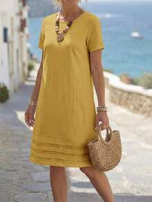Vestido casual de mujer de manga corta, cuello redondo, unicolor, holgado y de largo medio, para verano - Amarillo - Ver 4