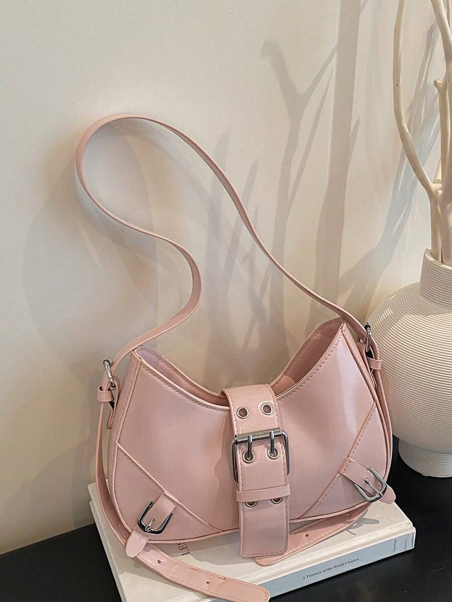 1pc White PU Leather Y2K Gothic Style Rivet Decor Shoulder Bag, Retro Fashion, Suitable For Daily Commute, Crescent-Shaped Tready Ladies Handbag - Pink - View 1