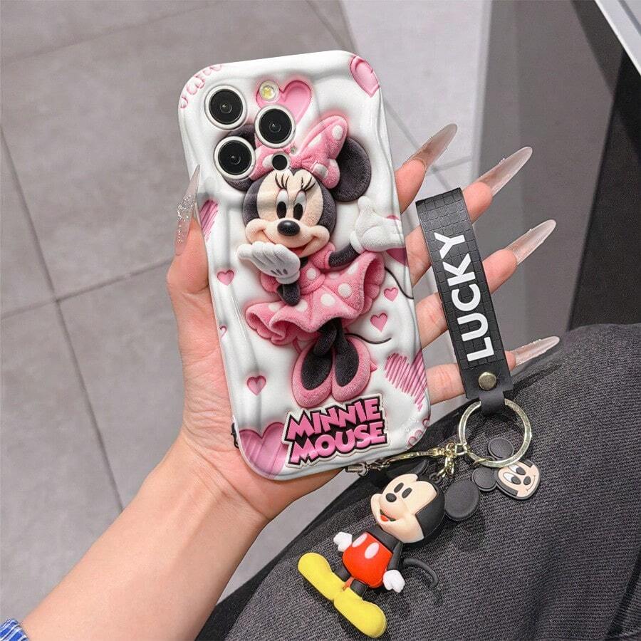 Disney Mickey Mouse Clubhouse Phone Case : 3D Fluffy Pattern Border Protector Phone Soft Phone Case With A Free Cute Mickey Bracelet Chain Lanyard, Mickey, Minnie, Goofy, Donald Duck, Daisy Duck, Pluto, For Apple 17 Promax 17 Pro 16 15 14 13 12 11 Pro Max XS Max X XR Soft Cover Summer Phone Case - trắng - Xem 1
