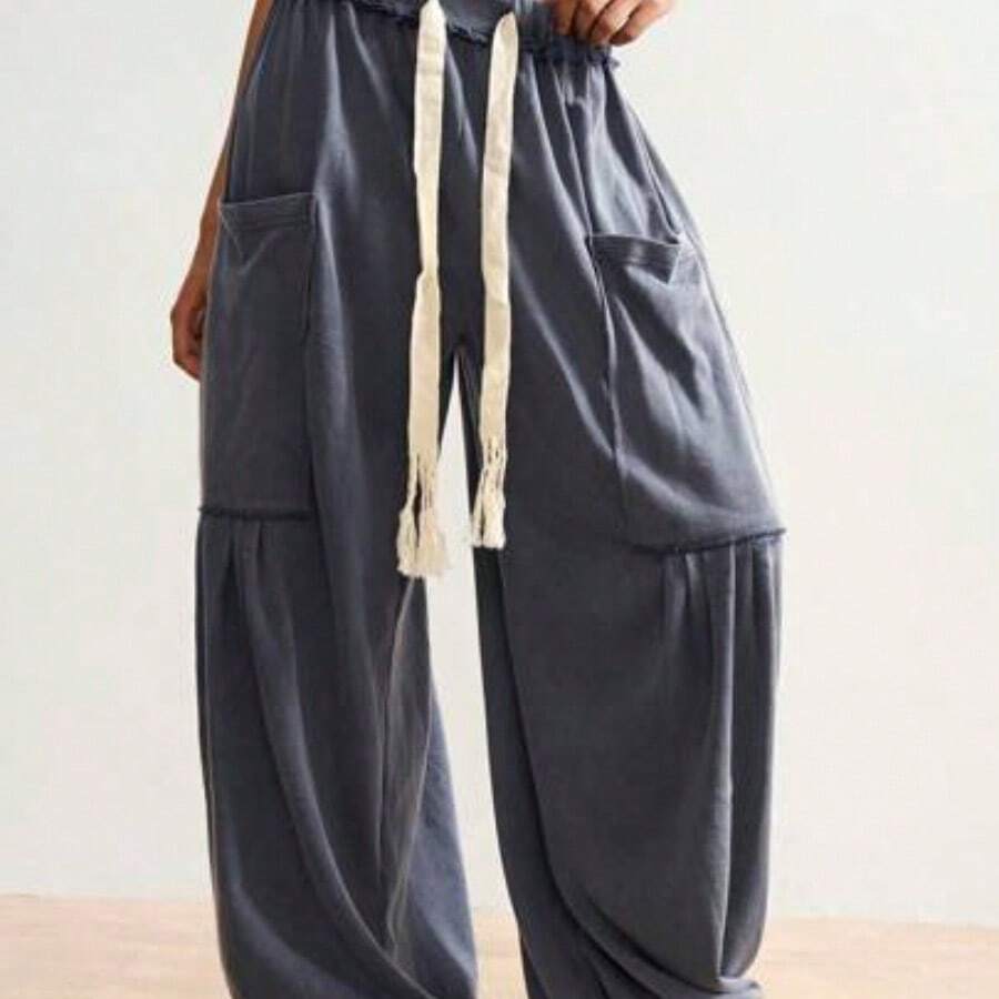 BohoFeels Plus Size Drawstring Waist Loose Pocket Wide Leg Pants - Gris Oscuro - Ver 1