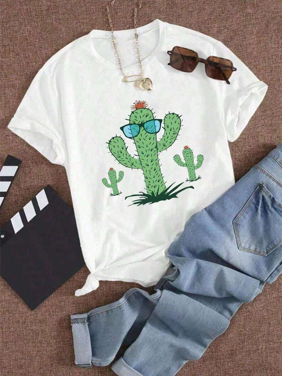 Blusas Bonito Camiseta de mujer con estampado de cactus, suave, de alta calidad y económica para el uso deportivo diario 100% Cotton Blusas Para Mujer Casual - Blanco - Ver 1
