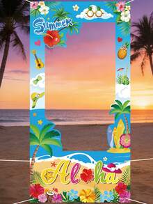 60x120cm 乙烯基攝影背景布，夏威夷 Aloha Tiki 框架剪影主題，藍色，適用於嬰兒洗禮、性別揭曉派對、夏季夏威夷主題派對 - 藍白色 - 查看 3