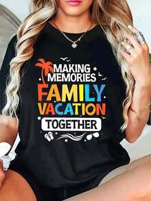 Cute Women's Tropical Print T-Shirt For Vacation - "Creating Beautiful Memories On A Family Trip", Casual Short-Sleeve Crew Neck Top, Black Palm Tree And Wave Print, Machine Washable Spring/Summer Beachwear, Travel Wear, Fun Design, Durable Print. 100% Cotton Casual Women's Blouse - 黑色 - 查看 1