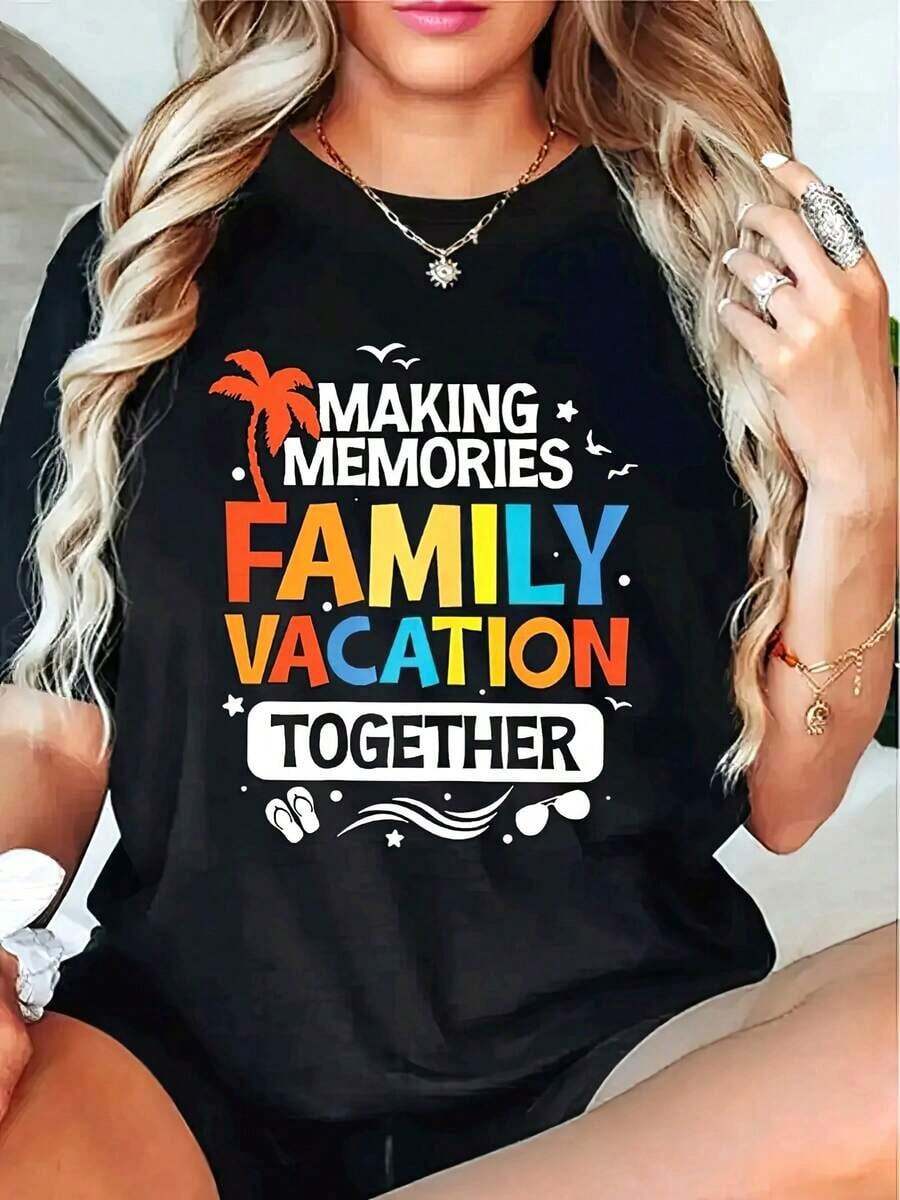 Cute Women's Tropical Print T-Shirt For Vacation - "Creating Beautiful Memories On A Family Trip", Casual Short-Sleeve Crew Neck Top, Black Palm Tree And Wave Print, Machine Washable Spring/Summer Beachwear, Travel Wear, Fun Design, Durable Print. 100% Cotton Casual Women's Blouse - 黑色 - 查看 1