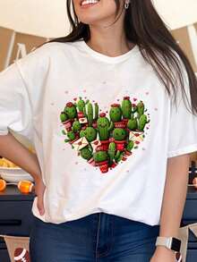Camiseta con Diseño de Corazón de Cactus para Mujer, para el Día de San Valentín, Linda Camiseta con Gráficos de Cactus de Dibujos Animados con Letras de Amor y Corazones, Ropa Casual de Verano, Regalo para Ella - Blanco - Ver 6
