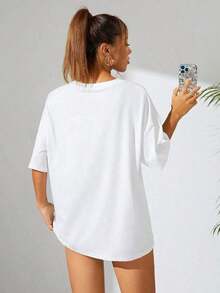 Off-The-Shoulder T-Shirt With Car Print And Slogan - White - View 2