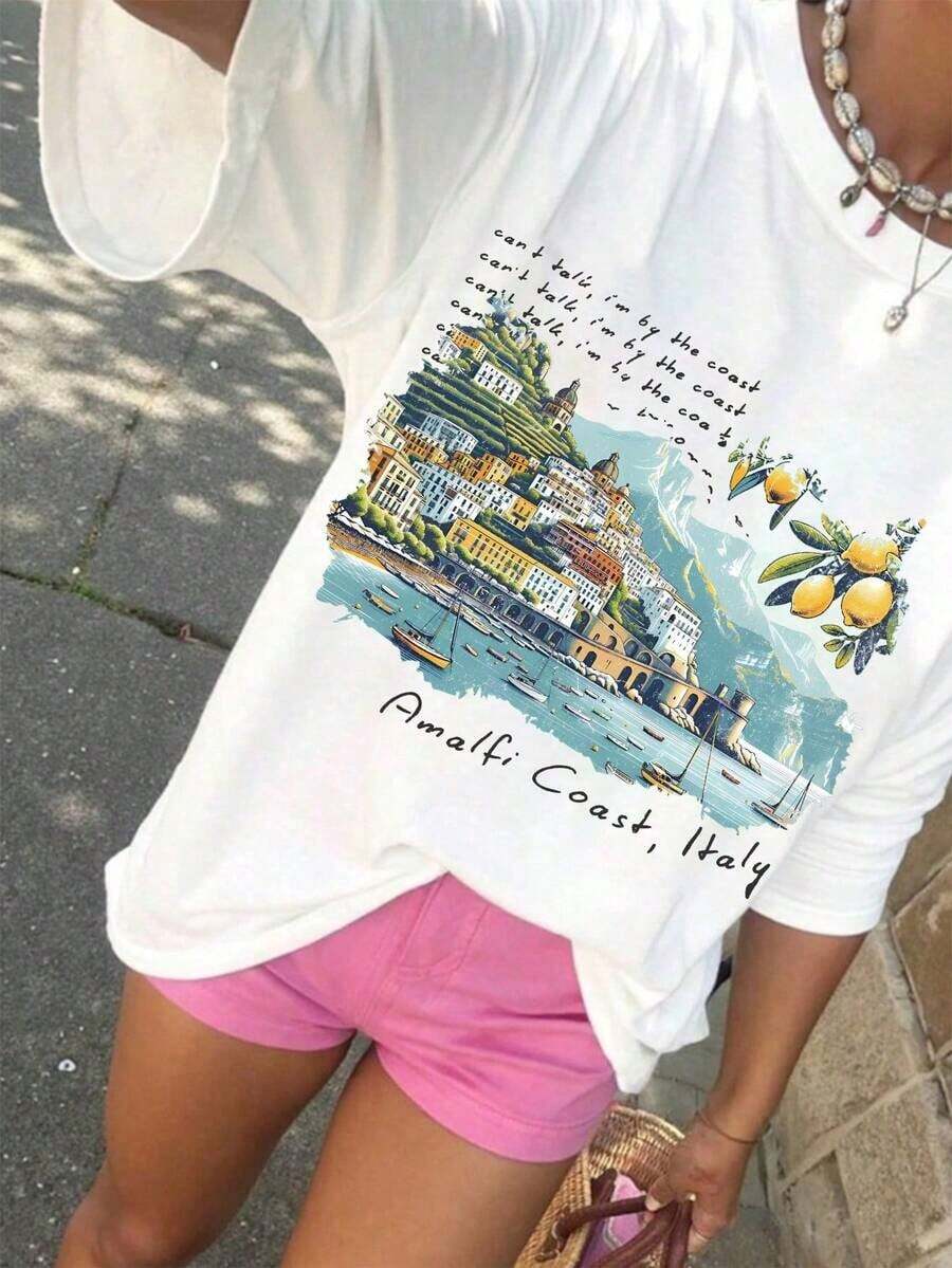 Camiseta holgada y cómoda de manga corta para uso diario y casual, Camisa de la de Amalfi, Camiseta de viaje a Italia, Camiseta de viaje a la de Amalfi para chicas de Italia, Camiseta de Positano Italia, Camiseta recuerdo de vacaciones en Italia, Parte superior de Amalfi con diseño de verano vintage, Blusas adorables, Adecuada para uso diario y casual, Usar para fiestas, Apropiada como regalo - Blanco - Ver 1