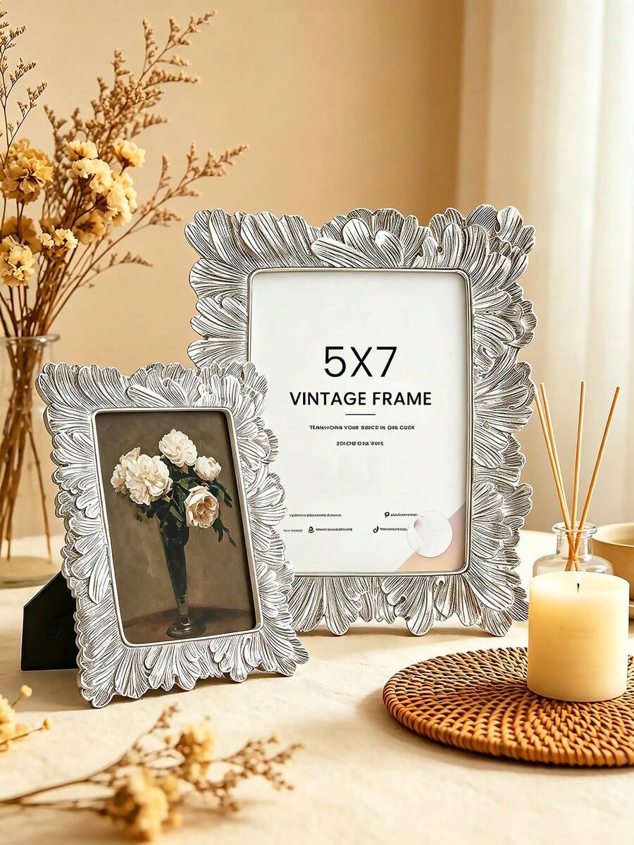 Silver Picture Frame, 7"X6" Large Vintage Photo Frame, Wall-Mountable Or Tabletop, Vertical Or Horizontal Display, Exquisite Floral Pattern, Suitable For Elegant Home Decor - Multicolor - View 1